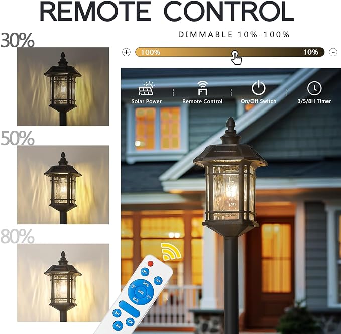 Emliviar Outdoor Solar Floor Lamp with Remote Control, Waterproof Solar Powered Path Lighting in Black Finish, LED Portable Street Light with Water Grain Glass, 2084PL-ML SL BK