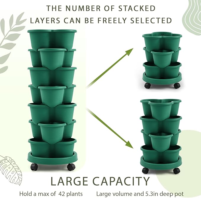 Umigy 1 Set Green 7 Tier Stackable Vertical Planters with Removable Wheels and Tools Tower Planters Strawberry Herb Flower Vegetable Pots Indoor Outdoor Gardening Pots