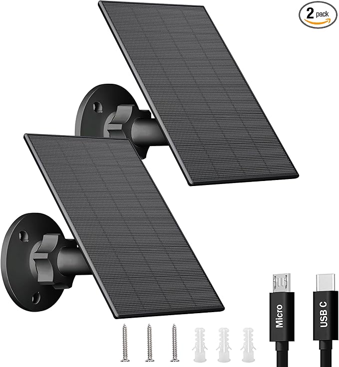 FUTUREZEN 2W Solar Panel for Security Camera Outdoor, 5V USB/Type-C Solar Charger Compatible with Rechargeable Battery Cameras, IP65 Waterproof, 360° Adjustable Mount, 7.2ft Cable (2 Pack, Black)
