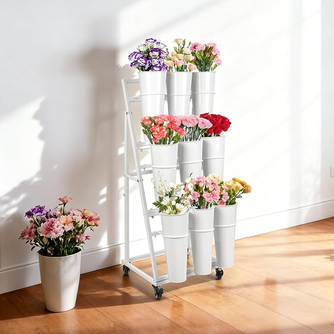 3FT Flower Display Stand with 9 Buckets,Metal Flower Bar Stand with Wheels,3 Layers Moving Florist Bouquet Shelf for Indoor Outdoor Garden,Flower Shop,Wedding,Party Decor (WHITE)
