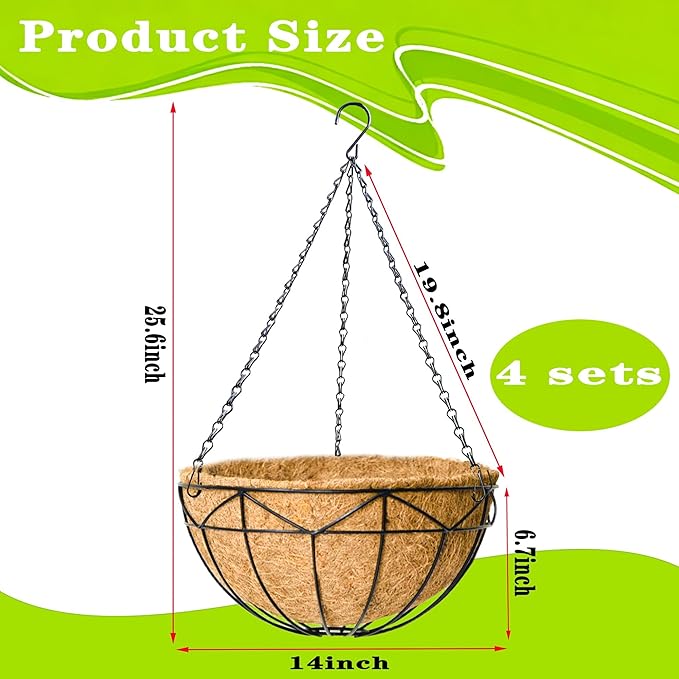 4 Pack 14 Inch Black Wire Hanging Planter with Coir Fiber Outdoor Round Hanging Basket with Metal Chain for Balcony Porch Farmhouse Country Style Garden Decor (Geometric)