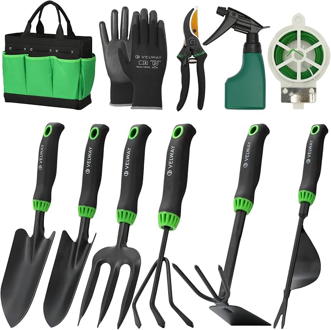 Velway 11-Piece Garden Tools Set Heavy Duty with Ergonomic Handles | Hand Tool Kit with Ergonomic Handles, Rust-Proof, Carry Tote Bag – Gardening Gifts for Women & Men (Green)