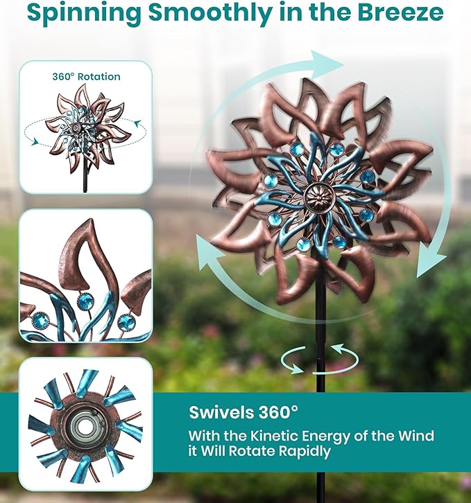 Dahlia Wind Spinner Metal Kinetic Garden Yard Windmill Outdoor Decor | Hand-Crafted Art, Copper & teal dahlia metal spinner, Whisper-quiet dual rotation, Stable ground stake
