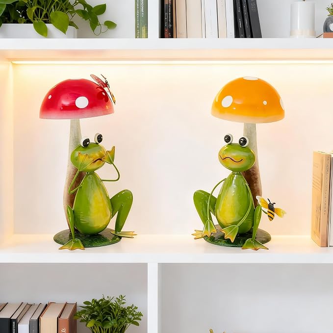 15.3" Large Frog Decor Set of 2, Handcrafted 3D Lifelike Metal Frog with Mushroom Sculpture, Outdoor Yard Art for Garden, Lawn & Home, Ideal Gift for Friends for Birthday Day & Housewarming
