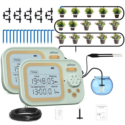 Automatic Plant Waterer Self Watering System Indoor for 15 Potted Plants Pack of 2, Auto Drip Irrigation Kit Programmable Water Timer w Smart Humidity Detection, Green
