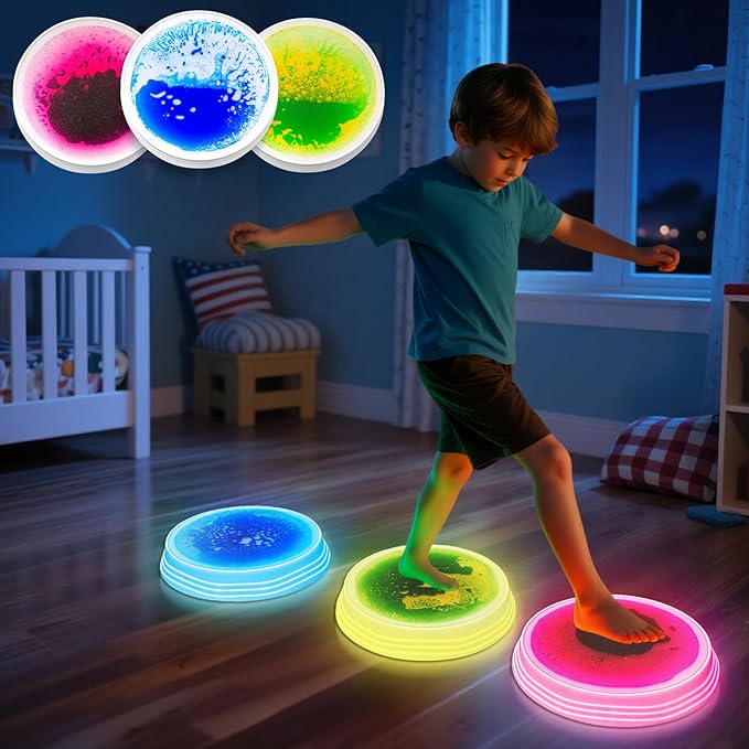 Light Up Stepping Stones for Kids Ages 3+, Sensory Stepping Stones with 7 Glow Colors & Liquid Motion, Non-Slip Toddlers Balance Toys for Coordination & Obstacle Course(3 Pack, Round)
