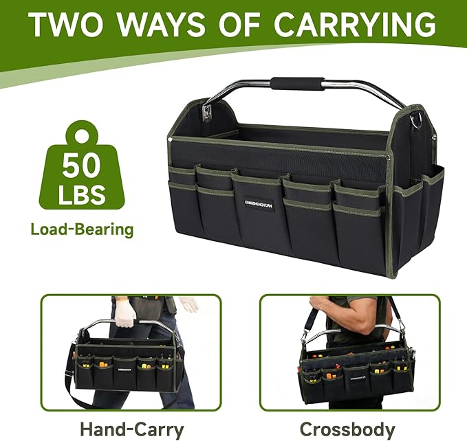 20In Electrician Tool Bag, Foldable Bags For Men Heavy Duty, Open Top Tool Tote, 30 Pockets Can Hold Many fittings, Organizer Stainless Steel Handle and Removable Shoulder Strap
