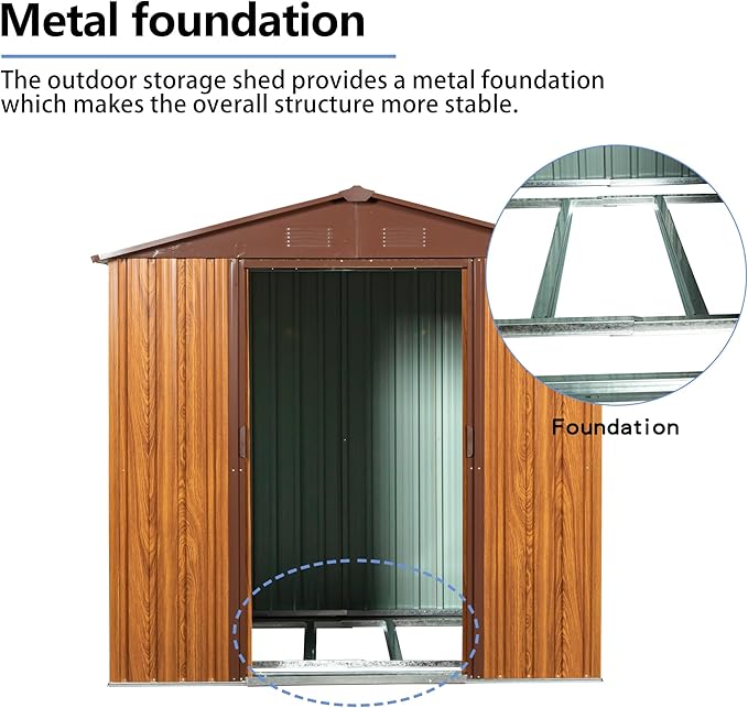 Outdoor Metal Storage Shed 6FT x 6FT, Galvanized Steel Frame Garden Shed, Sliding Lockable Doors, 4 Vent System, Weather-Resistant Metal Storage House with Foundation Kit,Shelf & Hooks, Yellow Brown