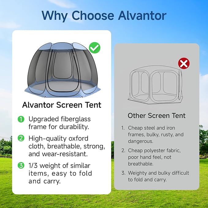 Alvantor Pop Up Screen House Tent, Instant Outdoor Gazebo with Mosquito Netting & UPF 50+ Sun Protection, Portable Canopy Shelter for Patio, Backyard, Camping (2-10 Person)