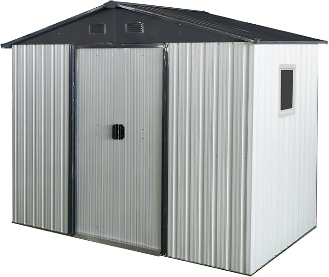 8x4 FT Outdoor Metal Storage Shed with Window, Galvanized Steel Garden Shed, Lockable Sliding Door, Sloped Roof, Ventilated Tool Storage House with Foundation Kit for Backyard Lawn, White+Black