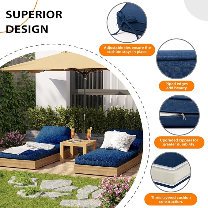 Sundale Outdoor Olefin Chaise Lounge Cushion, Water-Resistant Patio Lounge Chair Cushion, Thick Lounger Pad with 4 Straps Dark Blue, 80 x 26 x 4 Inches