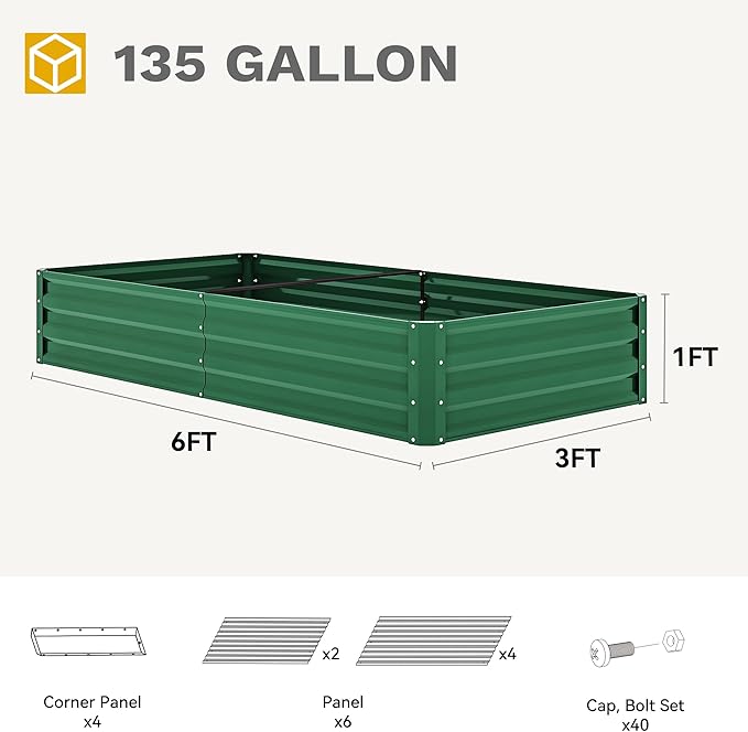 DWVO 2pcs 6 x 3 x 1 FT Raised Garden Bed Kit, Outdoor Galvanized Flower Bed with Gloves, Large Metal Planter Box for Vegetables, Flowers, Herbs, Fruits, Green