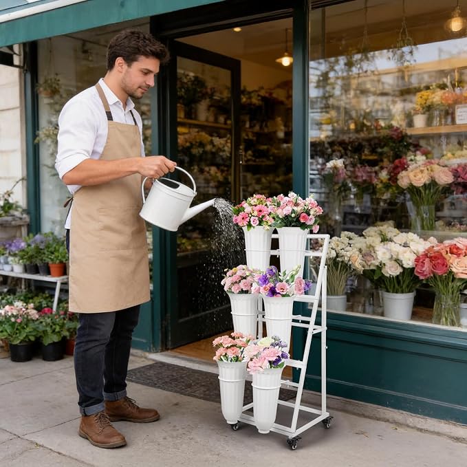 3FT Flower Display Stand with 6 Buckets,Metal Flower Bar Stand with Wheels,3 Layers Moving Florist Bouquet Shelf for Indoor Outdoor Garden,Flower Shop,Wedding,Party Decor (WHITE)