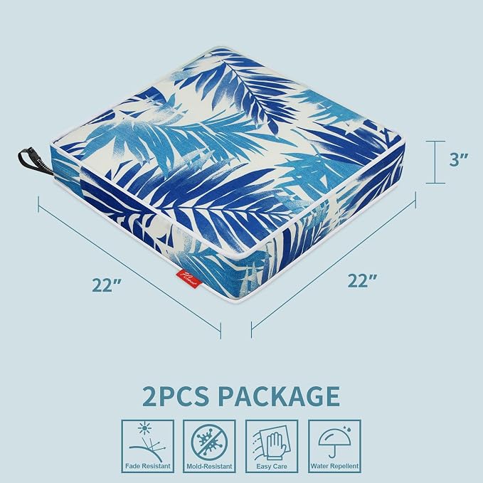 Patio Chair Cushions 22x22 Inch, Water Repellent Outdoor Seat Cushions with Adjustable Straps, Fade Resistant Replacement Cushions for Garden Deck Sofa Couch, Set of 2, Blue Leaf