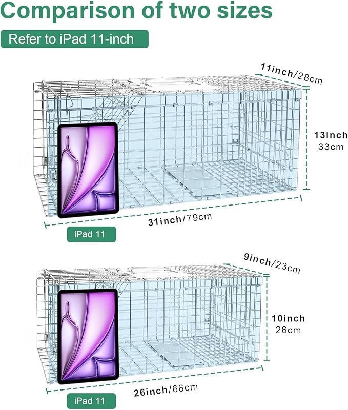 Humane Live Animal Trap Cage 26" × 9" × 10",Heavy-Duty Live Catch Cage for Raccoon, Squirrel, Stray Cats, Groundhogs, Armadillos, Opossums, Rabbits, Skunk, Mole, Small Wildlife Control