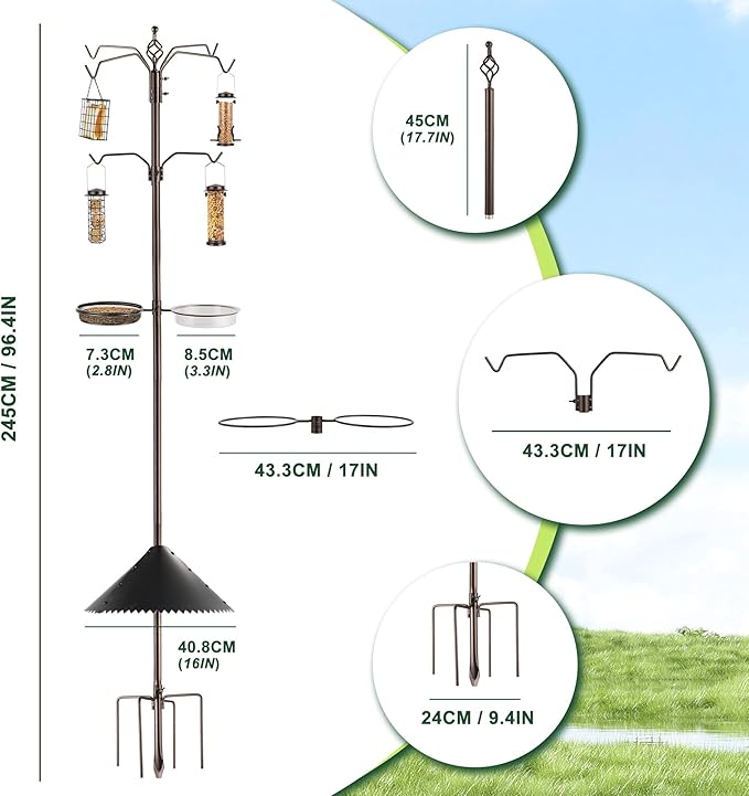 Bird Feeder Station Kit - Wild Bird Feeder Pole with Multi Feeder, Suet Cage, Planter Hanger with Squirrel Guard Baffle for Attracting Birds
