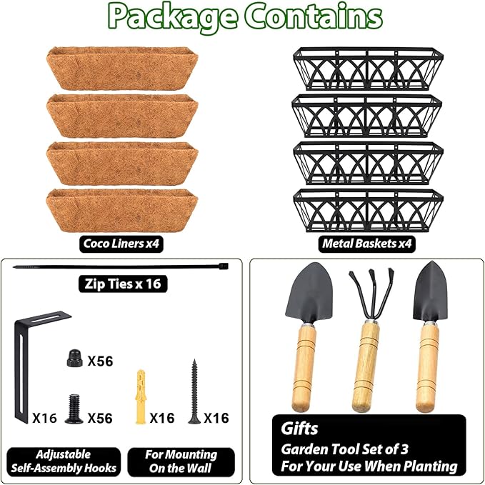LCHUANG 4 Pack 24 Inch Deck Balcony Railing Planter Window Boxes with Coconut Coir Liner, Fence Metal Hanging Flower Planter Basket for Outdoor Lawn