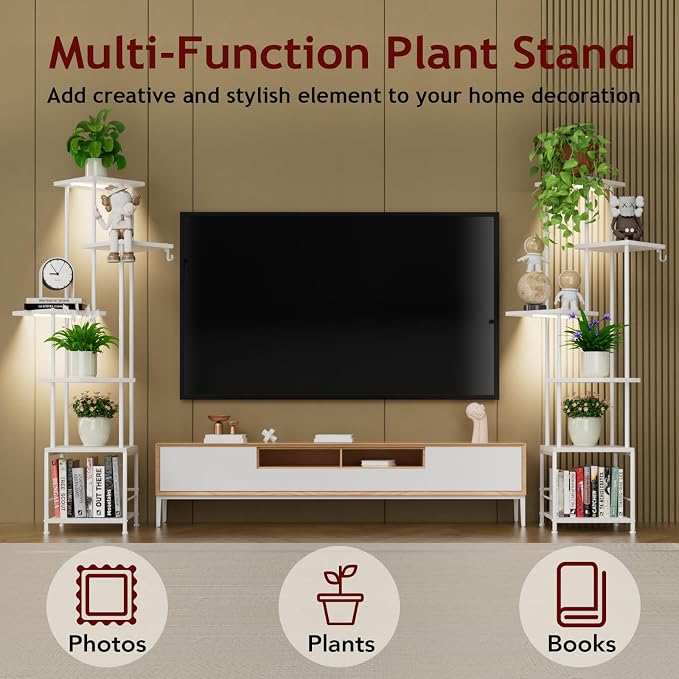 Homsorout Plant Stand Indoor with Grow Light - 6-Tier Metal Plant Shelf with Hanging Basket Hook, Corner Tall Flower Holder for Multiple Plants, Living Room Balcony Garden Patio, White
