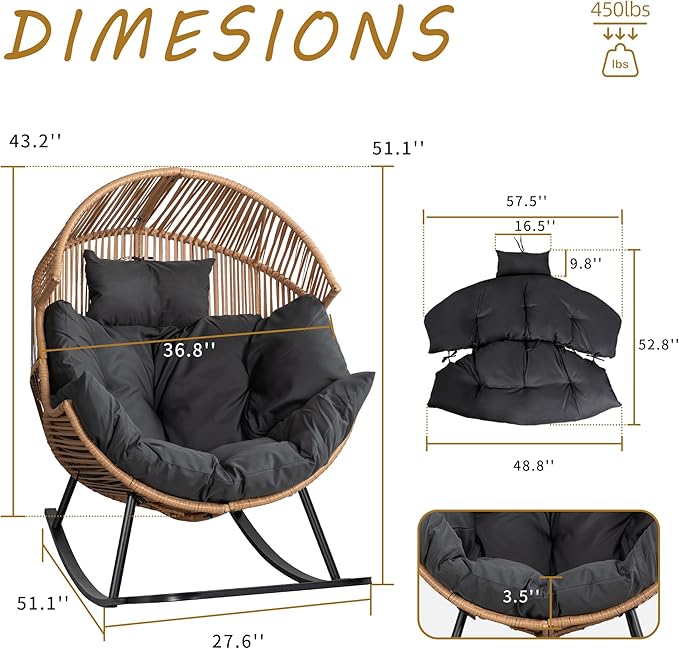Shintenchi Wicker Egg Chair,Outdoor Indoor Rocking Chair,Large PE Rattan Rocking Chair with Cushion for Patio, Balcony, Backyard, Garden,Deep Grey