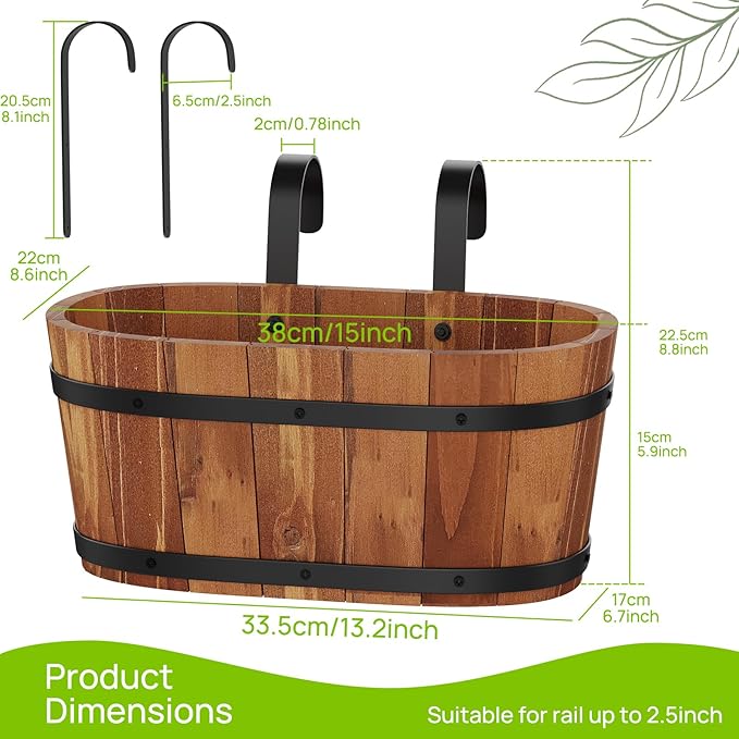 2pcs Wooden Hanging Flower Pots for Railing Fence Outdoor Planter Railing Planter Boxes for Plants Wall Planters Window Flower Box Hanging Bucket Pots Countryside plant Holder (Brown,2pcs,Large)