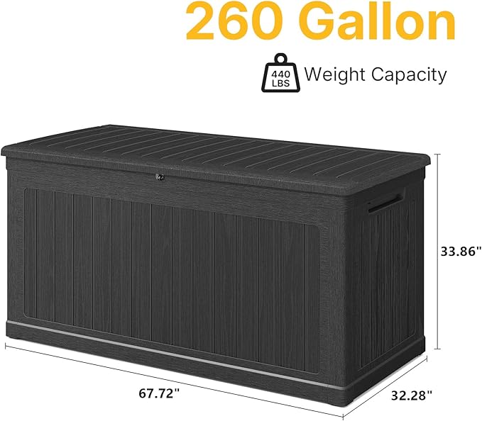 Skepphlay 260 Gallon Deck Box Lockable, Outdoor Storage Box Waterproof and UV Resistant, Large Patio Storage Box with 1000 lbs Capacity, for Garden, Patio Furniture, Pool (Black)