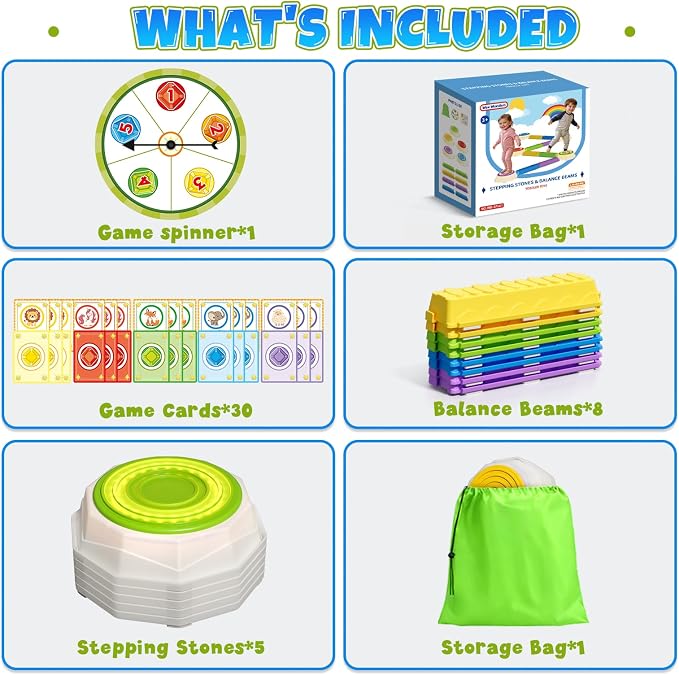 Wee Wonders Light Up Stepping Stones & Balance Beam for Kids, Step Stones with Piano Music, Game Spinner & 30 Cards, Non-Slip Sensory Obstacle Course Toys, Indoor Outdoor Gifts for Toddlers 3-5