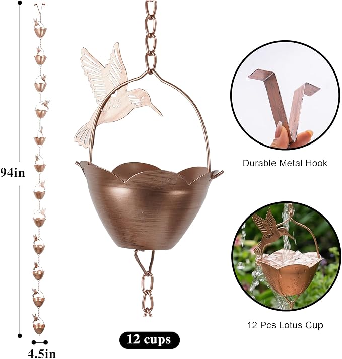 Topadorn Hummingbird Rain Chain, 7.85 ft Decorative Metal Gutter Chain with 12 Cups, Weatherproof Water Diverter for Outdoor Garden