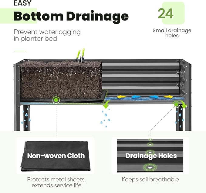 KING BIRD Raised Garden Bed with Irrigation System and Legs Galvanized Elevated Planter Box for Backyard, Patio, Balcony, 600lb Capacity, Dark Grey, 70.9x22.8x31.5 in