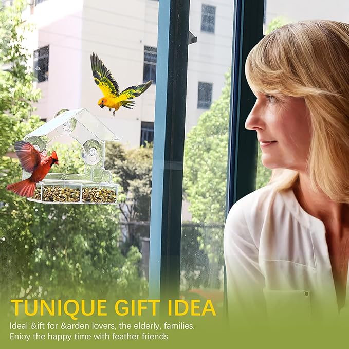 Window Bird Feeder with 3 Extra Strong Suction Cups, Clear Birdfeeders Bird House for Outdoors Window Viewing Outside, Removable Tray Birdhouse