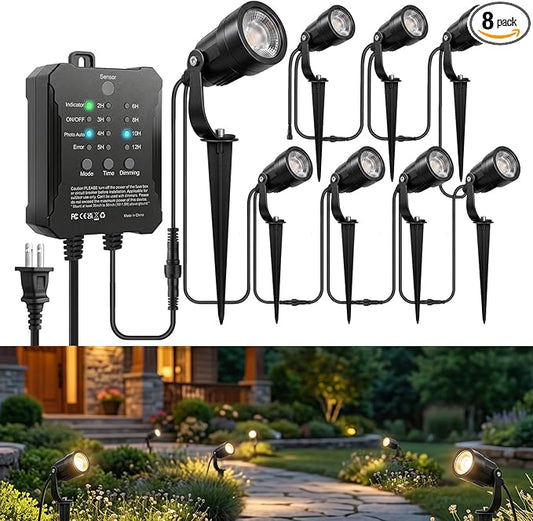 SMY Lighting All-in-One Low Voltage Landscape Lighting Kit, 8 Pack 5W Die-cast Aluminum Landscape Lights with Transformer and Connectors, IP65 Waterproof Outdoor Spot Lights for Pathway Yard Garden