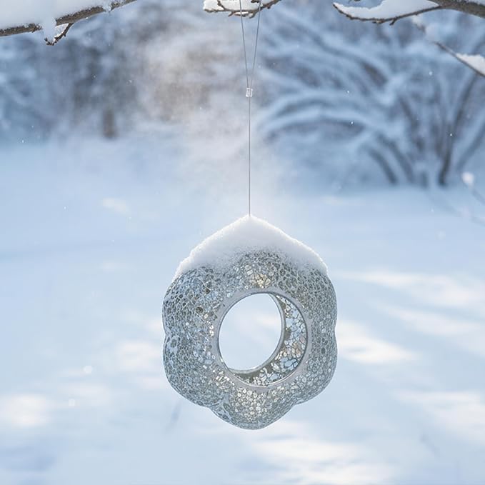 Sunnydaze 10-Inch Glass Mosaic Hanging Bird Feeder for Outdoors - Fly-Through Glass Bird Feeder for Cardinals, Jays, Finches and More - Mirrored Diamond Flower