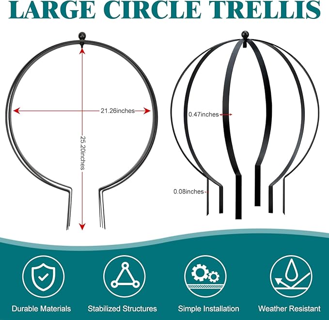4 PCS Large Metal Round Trellis for Climbing Plants, Heavy Duty Thick Rustproof Obelisk, Garden Sphere Frame for Potted Roses Vines, Outdoor Garden Decor, Easy Assembly (25.2" x 21.3")