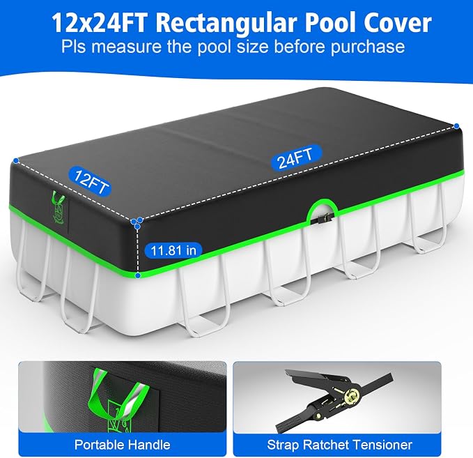 12x24ft Rectangular Pool Cover, 420D Heavy Duty Rectangle Swimming Pool Cover with Sturdy Strap Tensioner & Reflective Handles, Enhance Windproof, Tear & UV Resistant, Weather Protection
