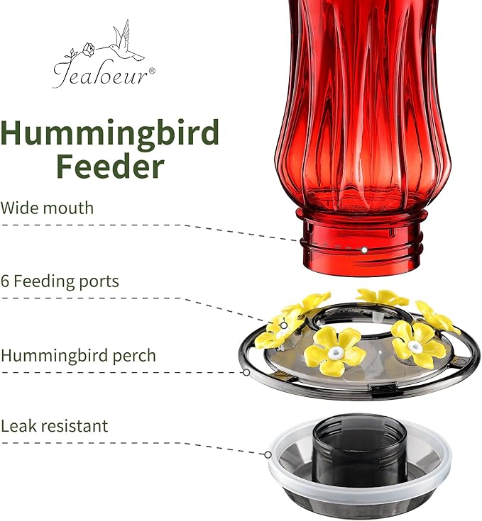 Jealoeur Hummingbird Feeder for Outdoors Hanging, 18 OZ Humming Birds Feeders with 6 Bee Guard Feeding Ports & Built-in Ant Moat, Easy to Clean, Durable Outdoor Garden Decor (Red 2 Pack)