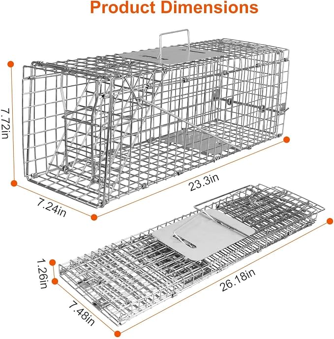 TeqHome Live Animal Cage Trap, Collapsible Humane Live Animal Cage Trap, Galvanized Steel Humane Live Trap Cage for Rabbit,Stray Cat, Groundhog, Raccoon,Squirrel,Chipmunk,Mole,Gopher,Skunk,24"x8"x8"