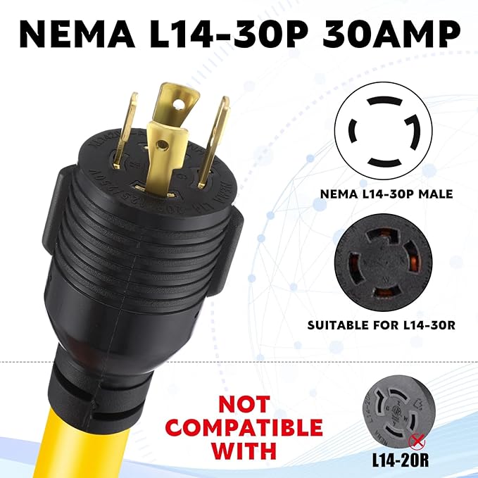 Tellegloww Generator to Dryer Adapter Cord Compatible with NEMA L14-30P to 10-50R 30Amp 4 Prong Locking Male to 3 Prong Female Adapter Generator Dryer Power Cord, 10 AWG STW, 1FT, ETL Listed