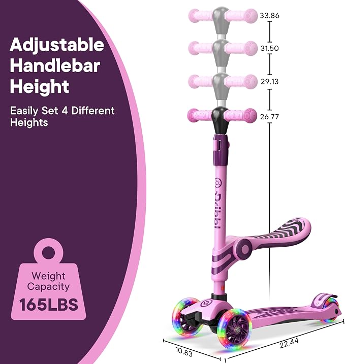 Pink and Purple 3 Wheel Scooter with Seat for Kids, Light-Up Wheels, Adjustable Lean to Steer Handlebar and Seat, Smooth Wheels, Wide No-Slip Deck, Rear Foot Brake, Toddler Outdoor Toys for Ages 2+