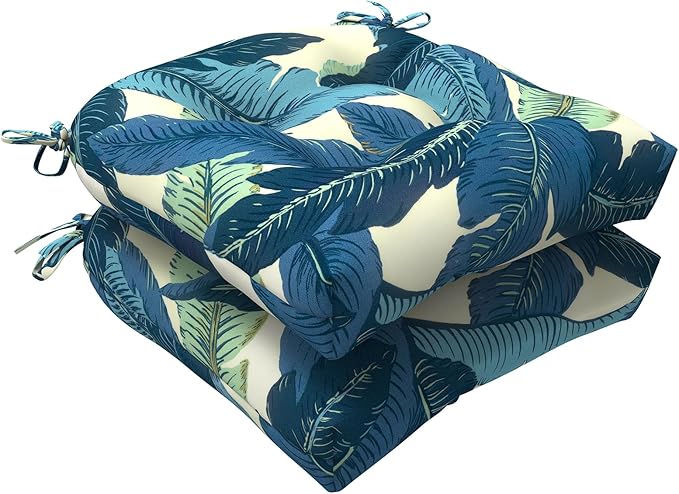 LVTXIII Outdoor Seat Cushions Seasonal Tufted Chair Cushions, Patio Chair Pads for Dining Chairs, Office Armchairs and Garden Furniture Decoration (Round Back, 19”x19”x4”, Swaying Palms Blue, 2 Pack)