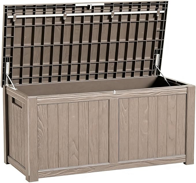 120 Gallon Outdoor Storage Box, Waterproof Resin Deck Box for Indoor & Outdoor Use Lockable Storage Bench with Piston Hinge Storage Bin for Indoor, Garden Tools, Pool Supplies, Patio, Grey
