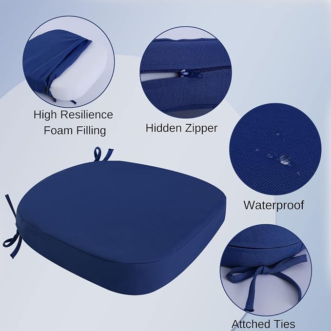 idee-home Outdoor Chair Cushions Set of 4, 17" x 17" Thick D-Shaped Patio Furniture Outdoor Seat Cushions Waterproof with Ties, Dining Pads