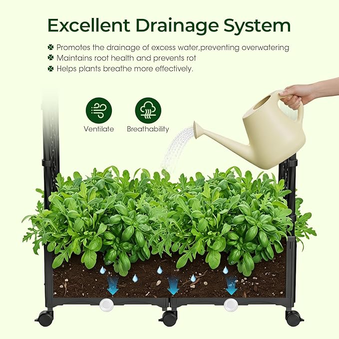 71"x16"x32" Planter Box with Trellis, 3-in-1 Self-Watering Planter Box with Wheels for Patio,Raised Garden Bed with Trellis, Drainage Holes & Metal Storage Rack for Vine Climbing Plants