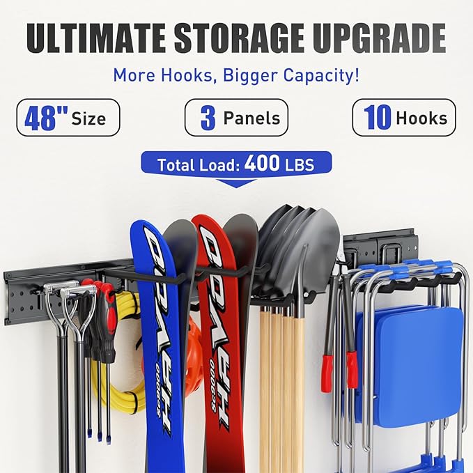 Garage Tool Organizer Wall Mount 48 inches with 10 Adjustable Heavy-Duty Hooks, Garage Organization, Garden Tool Storage Rack, Yard, and Shed, Holds Up to 400 lbs