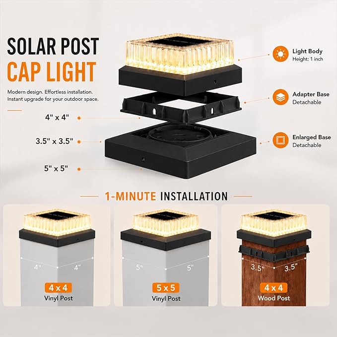 Solar Post Cap Lights Outdoor, 2 Pack Waterproof Fence Post Solar Lights 3000K with Fade-Proof Clear Lampshade Deck Post Lights Fit for 3x3 4x4 5x5 Vinyl/Wood Posts Garden Patio Porch