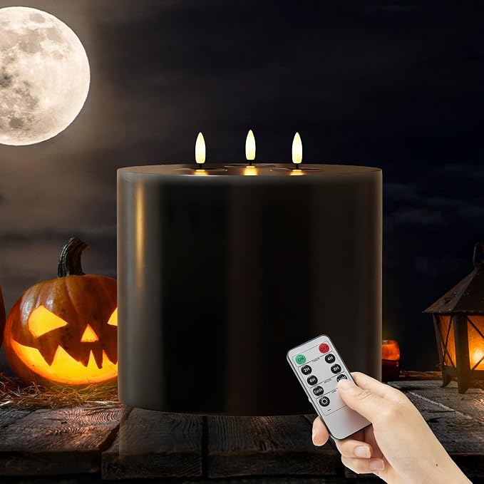 Black Extra Large Flameless Candles 6"x6" Battery Operated Candle with Remote Real Wax 3 Wick Led Candles Flickering Flame Fake Candles for Halloween Harvest Festival Christmas Home Decor