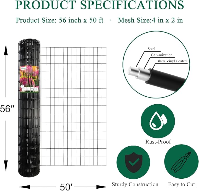 FOREHOGAR Black PVC Coated Welded Wire Fence 56 Inch x 50 Foot, 2 Inch x 4 Inch 14GA, Garden Border Fencing Roll Vinyl Coating Metal Wire Mesh Hardware Cloth for Yard Vegetable Plant Protection