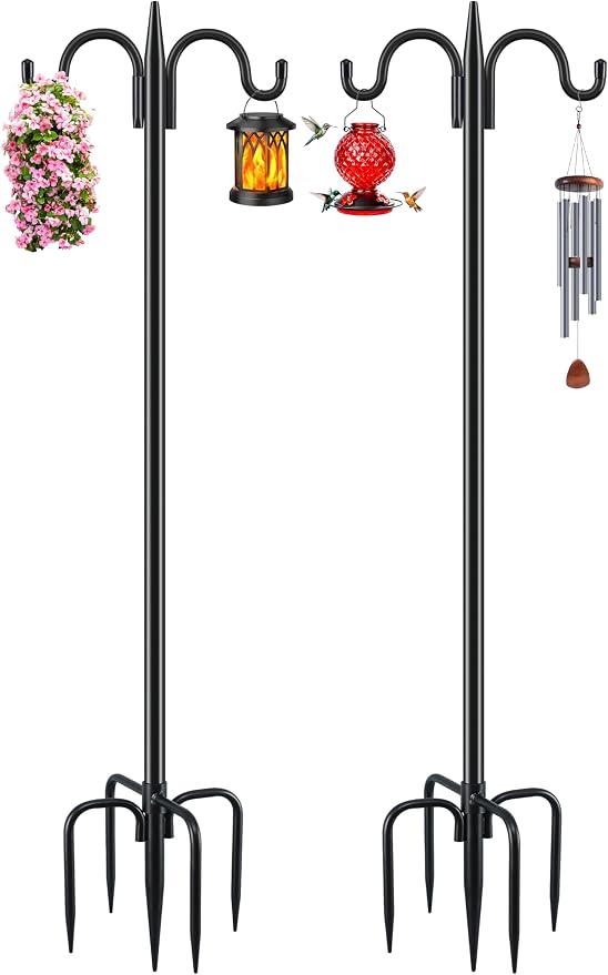 Gtongoko Bird Feeder Pole for Outdoors Heavy Duty, 2 Pack 92 Inch Double Shepherds Hook with 5-Prong Stable Base, 3/4 Inch Thick Hummingbird Feeder Stand for Hanging Plants, Lanterns
