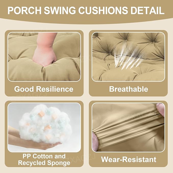 Durable Not Easy to Fade Porch Swing Cushions 60 inch Extra Thick 5 Inch Waterproof Outdoor Swing Cushions 3 Seater Replacement with Backrest & 8 Ties Swing Cushion for Outdoor Furniture Patio(Khaki)
