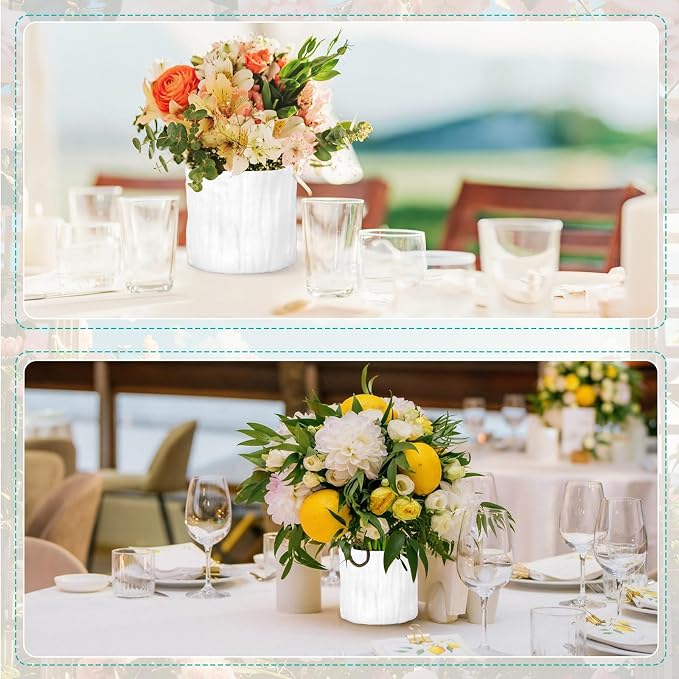24 Set Plastic Cylinder Planter Box Round Plastic Flower Box with Removable Foam Blocks Liner White Round Vase for Centerpiece Home Wedding Garden Craft Decor (White Bark)
