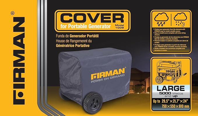 FIRMAN 1009 Large Portable Generator Cover, Heavy Duty Waterproof Vinyl, Double Insulated Protection for Generators 5000 Watts and above, with Drawstring Closure and Secure Pull Cord