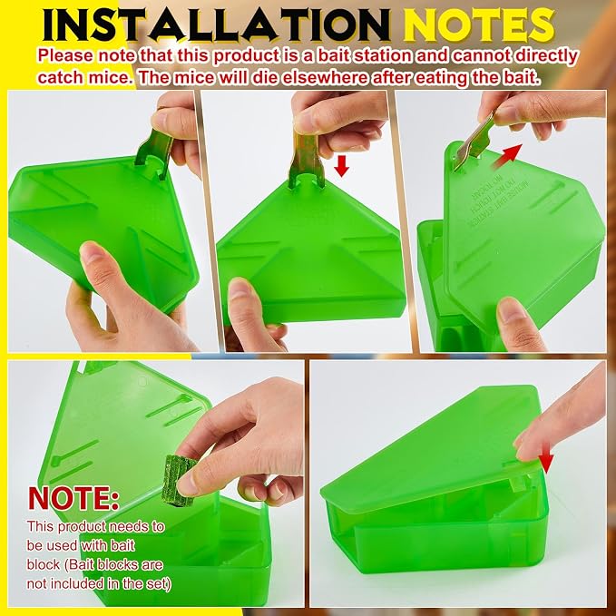 Qualirey 24 Pcs Mice Station with Key Triangle Mouse Station Lockable Reusable Bait Box, Enclosed Design for Indoor and Outdoor Use, Suitable for Small Mice (Translucent Green)